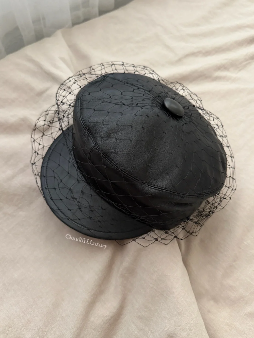 Auth Dior Black Leather Newsboy Hat with Veil - Size 58